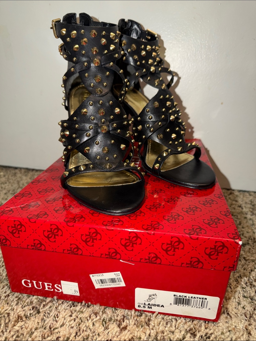 NIB GUESS Black Studded Leather High Heel Sandals Laidea 8.5M
